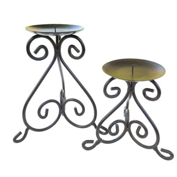 Set of Two Classic Wrought Iron Dark Brown Metal Candle Holder - Picture 16 of 16